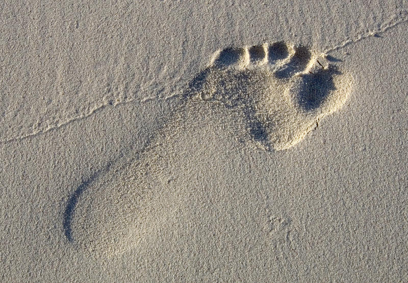 a single footprint impressed into a sandy beach